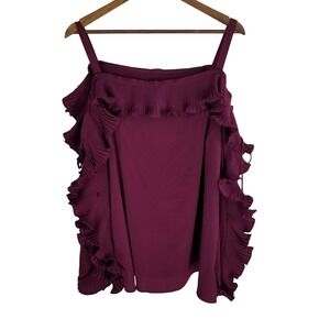 Lane Bryant Womens 22 Plum Purple Pleated Ruffle Cold Shoulder Blouse Top